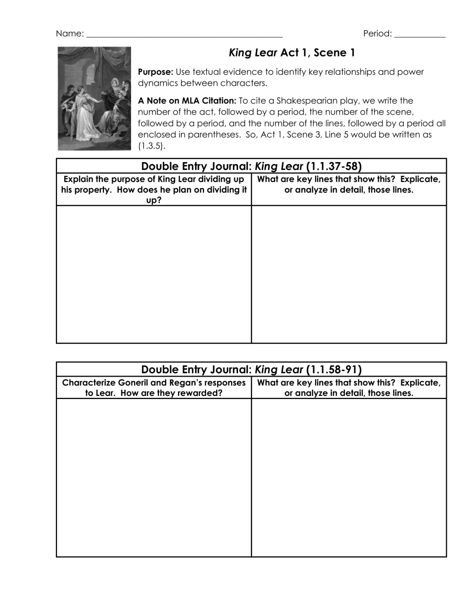 Lear's division of the kingdom: students explain his plan and Goneril and Regan's replies, then explicate cited lines