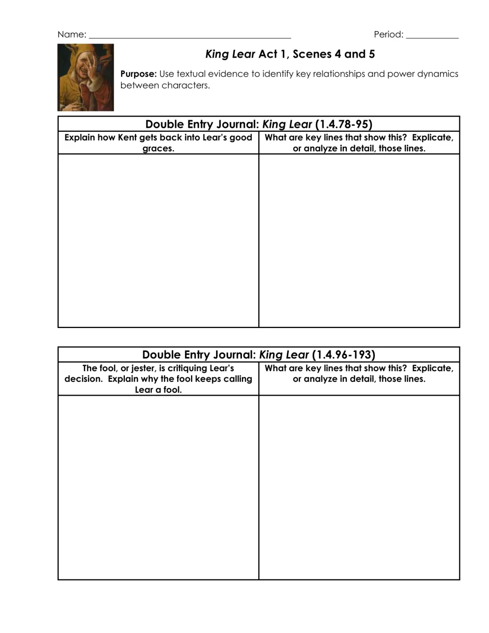 King Lear 1.4 journals: students explain how Kent regains Lear's favor and why the Fool calls Lear a fool, citing key lines
