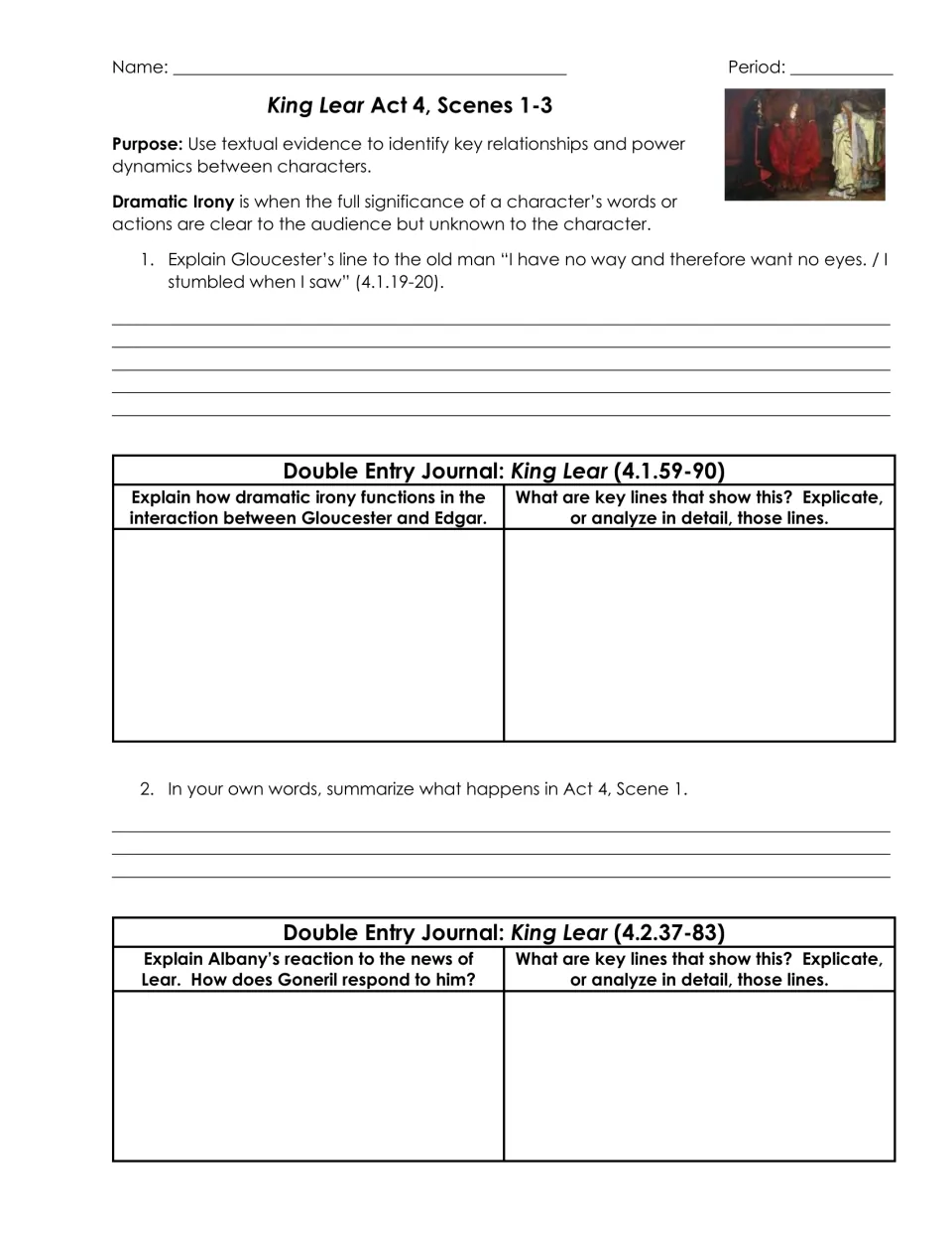 King Lear 4.1-4.2: students explain Gloucester's line, analyze dramatic irony with Edgar and Albany's reaction