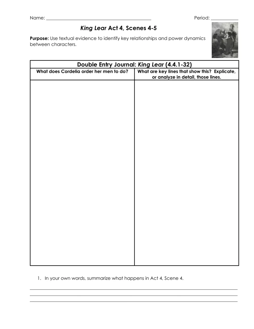 King Lear 4.4.1-32 journal: students explain Cordelia's orders to her men, analyze key lines and summarize Scene 4