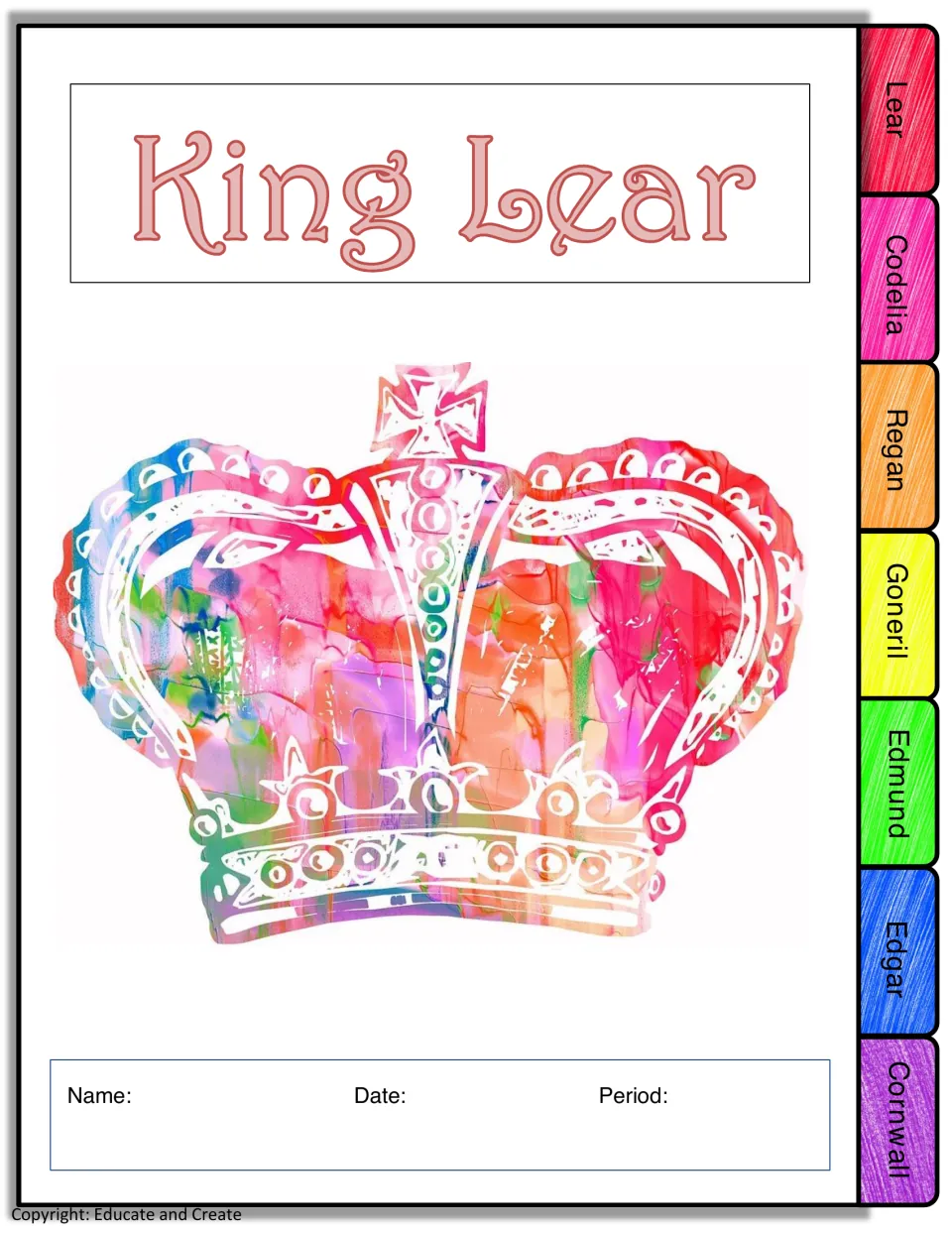 Flipbook cover: King Lear title, watercolor crown, name/date/period and tabs for Lear, Regan, Goneril, Edmund and more