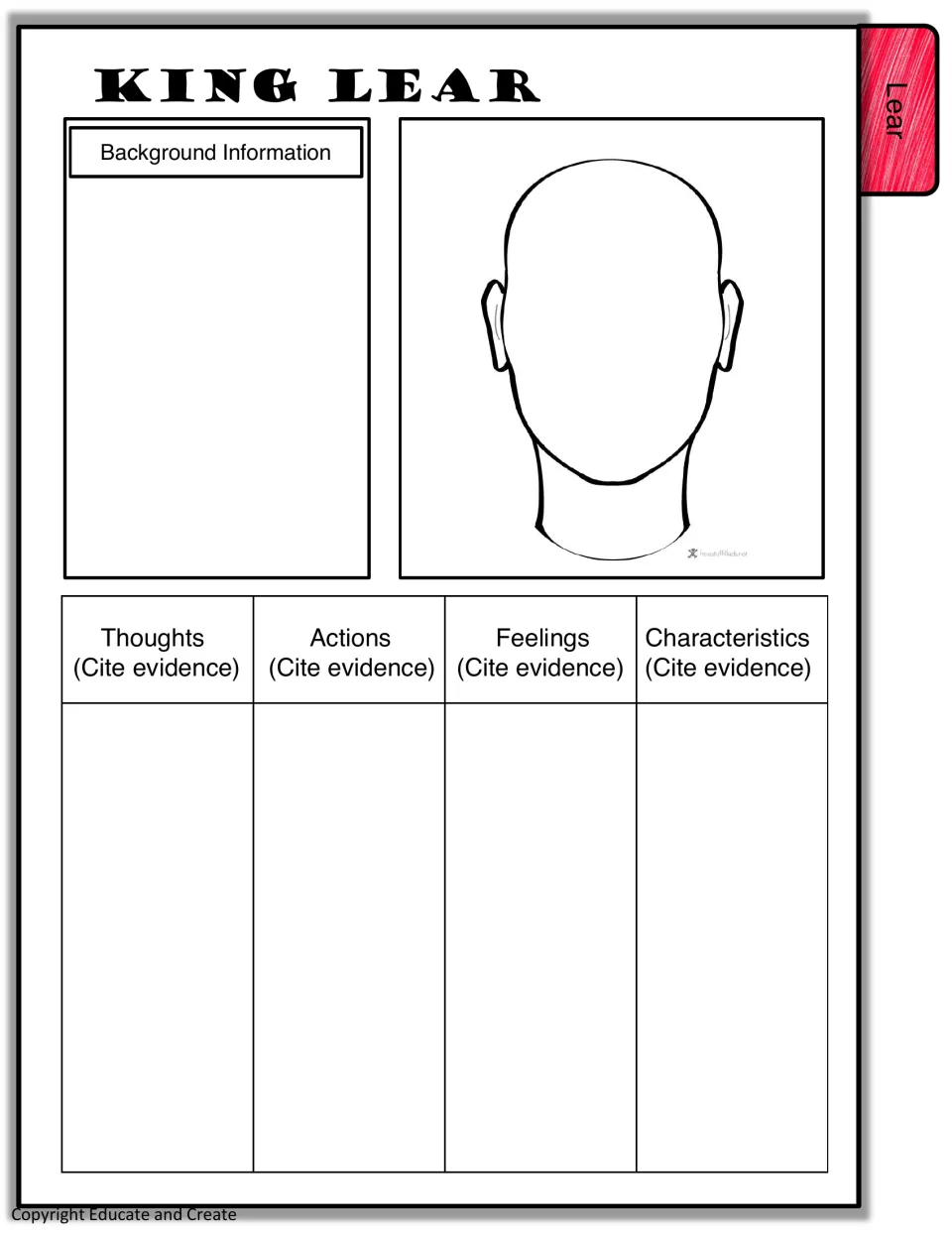 Lear character page: students note background information, draw his face and cite evidence of thoughts, actions, feelings