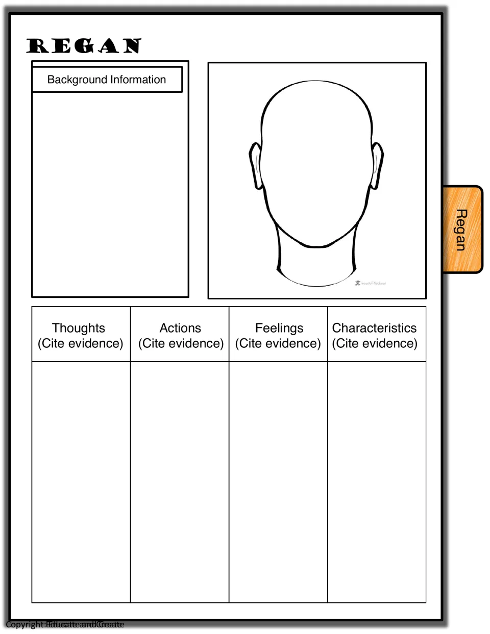 Regan characterization: students add background details, draw a portrait and cite text evidence of her thoughts and actions