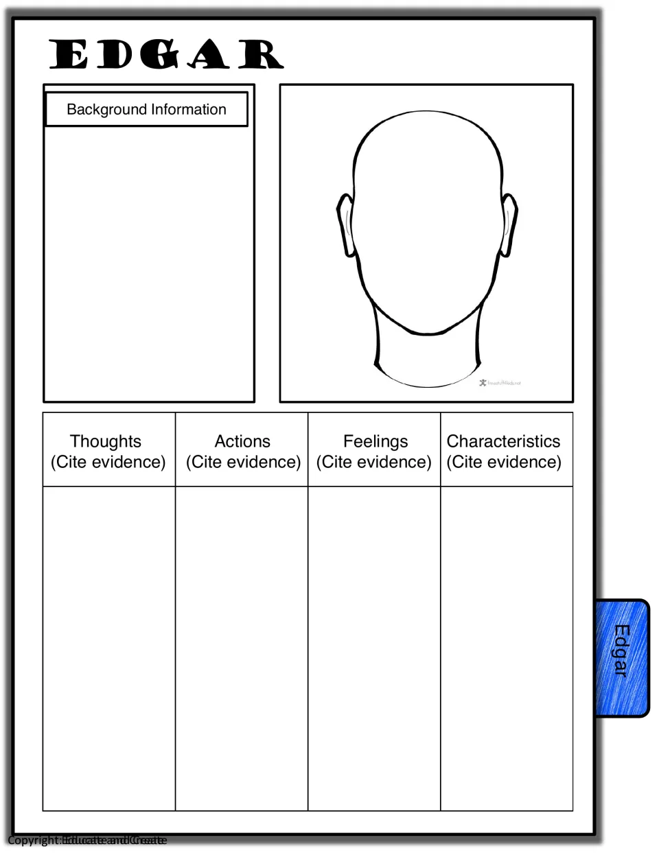 Edgar characterization: students record background facts and cite evidence of his actions, feelings and characteristics