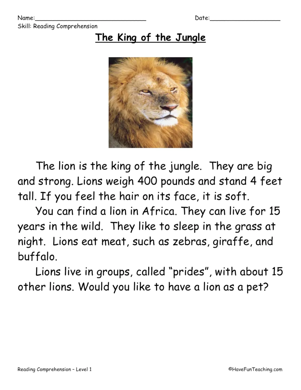 Reading passage about lions, covering their size, life in Africa, meat diet, and groups called prides.