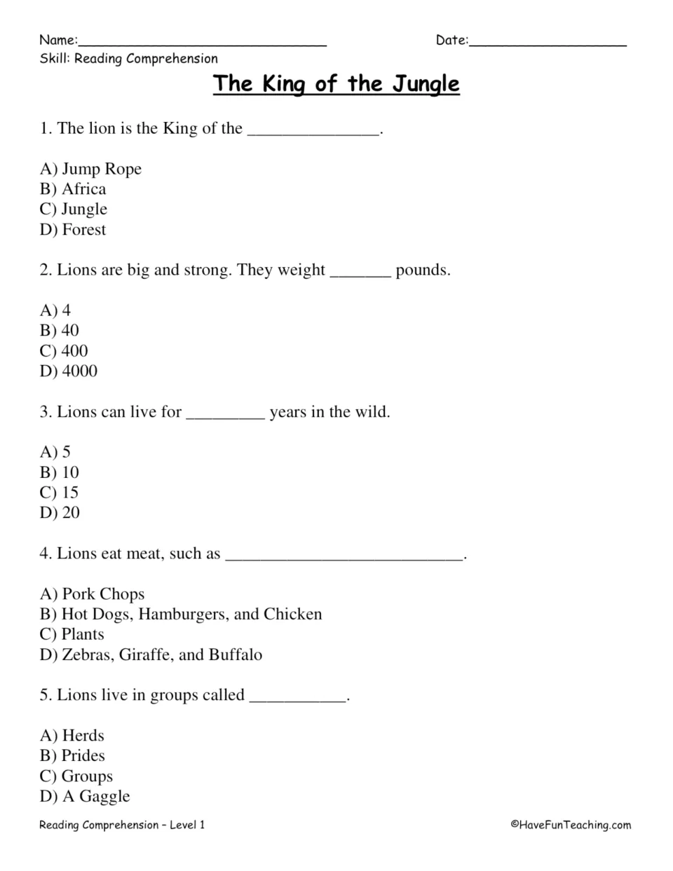 Five multiple-choice questions about lions: their nickname, weight, lifespan, diet, and group name.
