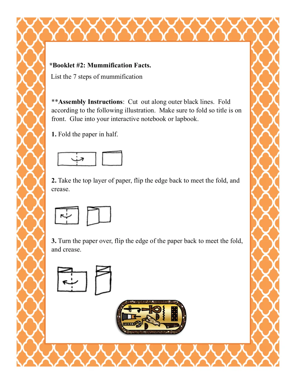 Mummification Facts booklet instructions ask students to list seven steps and show how to fold the paper