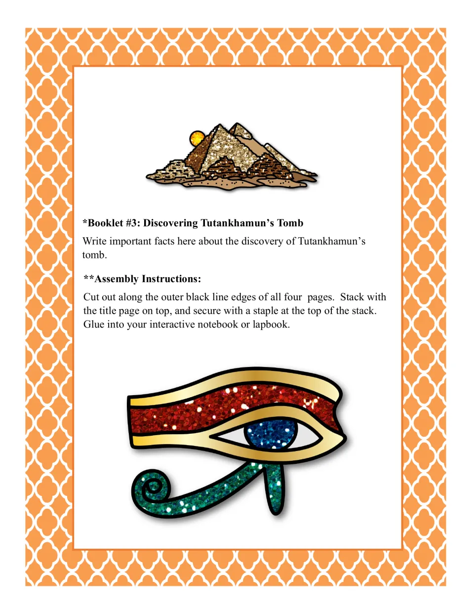 Tomb discovery booklet instructions ask for important facts and explain cutting, stacking, and stapling