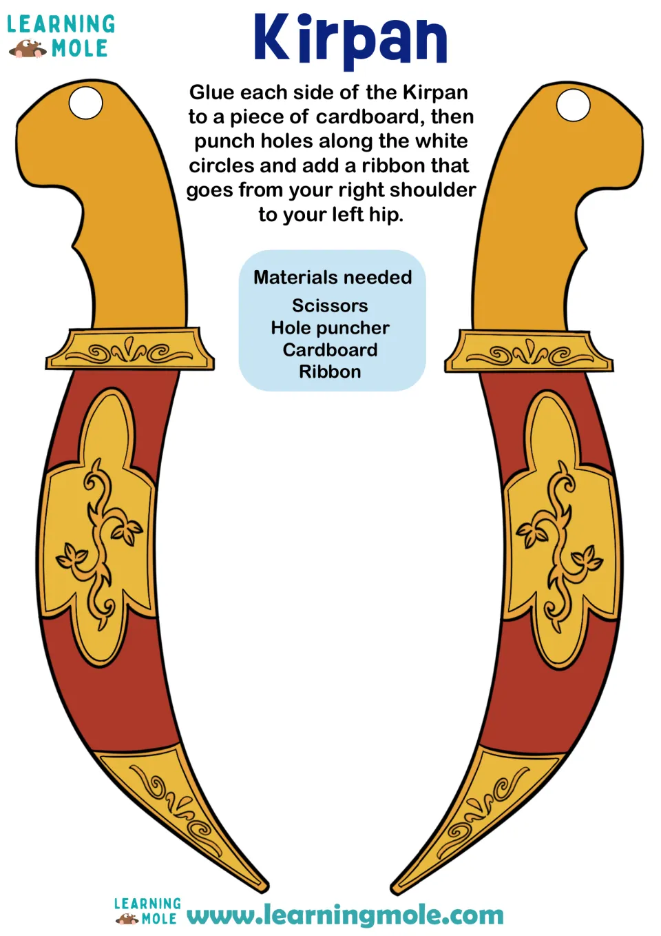 Kirpan craft: students cut out both sides of a sheathed kirpan, glue them to cardboard and add a shoulder ribbon