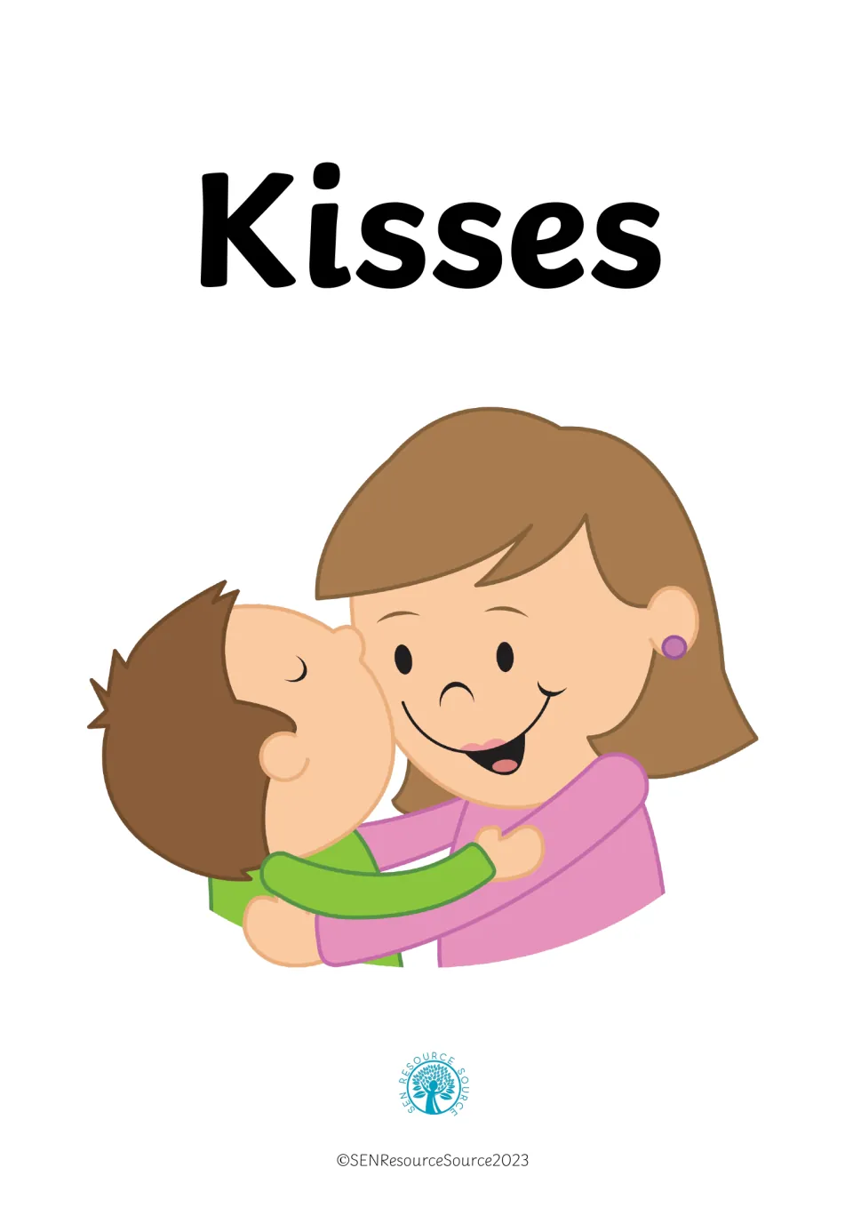 Cover titled Kisses: a smiling mother hugs a boy who kisses her cheek, opening a social story about touch