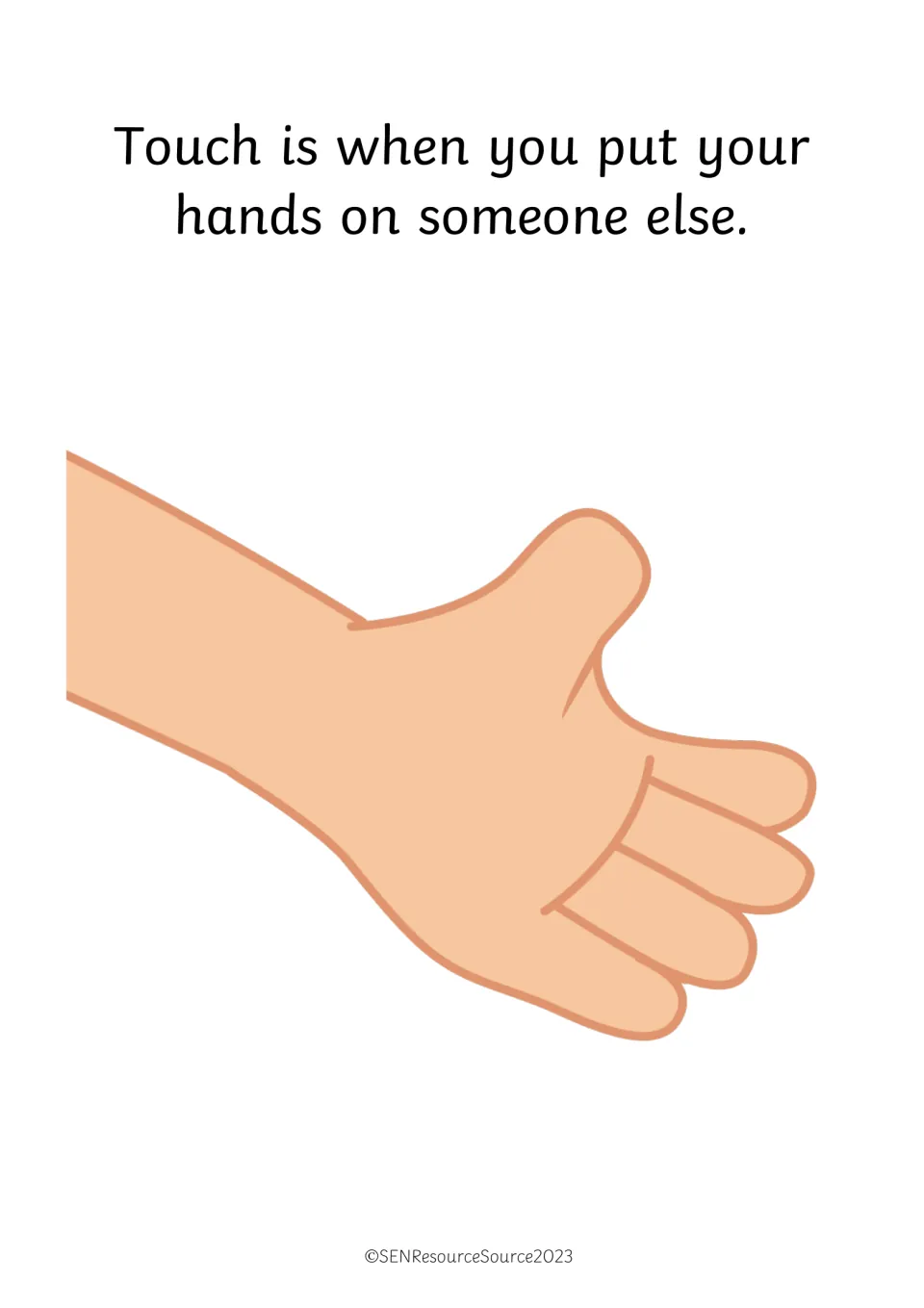 Defining touch: story page reads 'Touch is when you put your hands on someone else' beside an open hand drawing