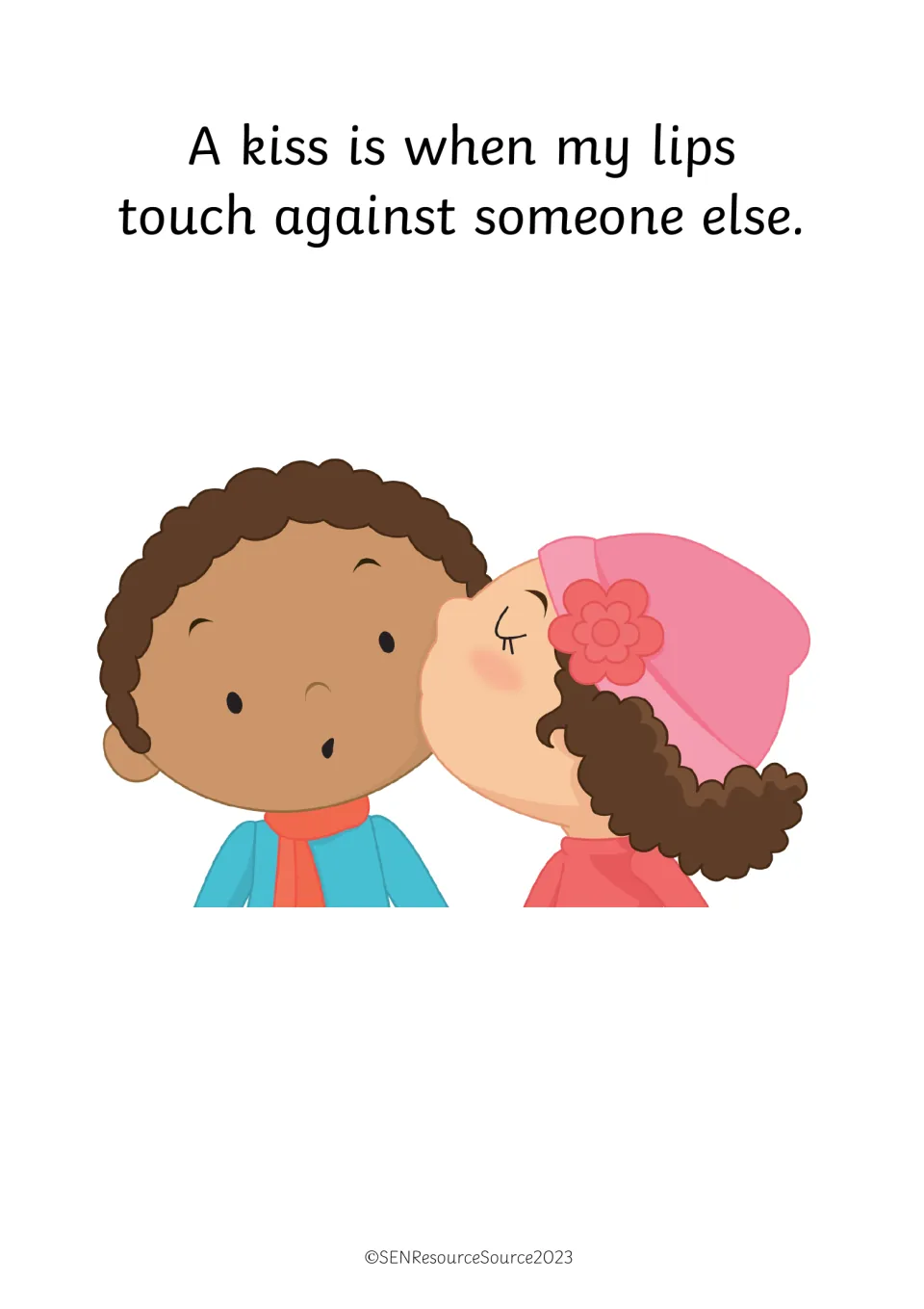 Defining a kiss: text says a kiss is when my lips touch someone else, shown by a girl kissing a boy's cheek