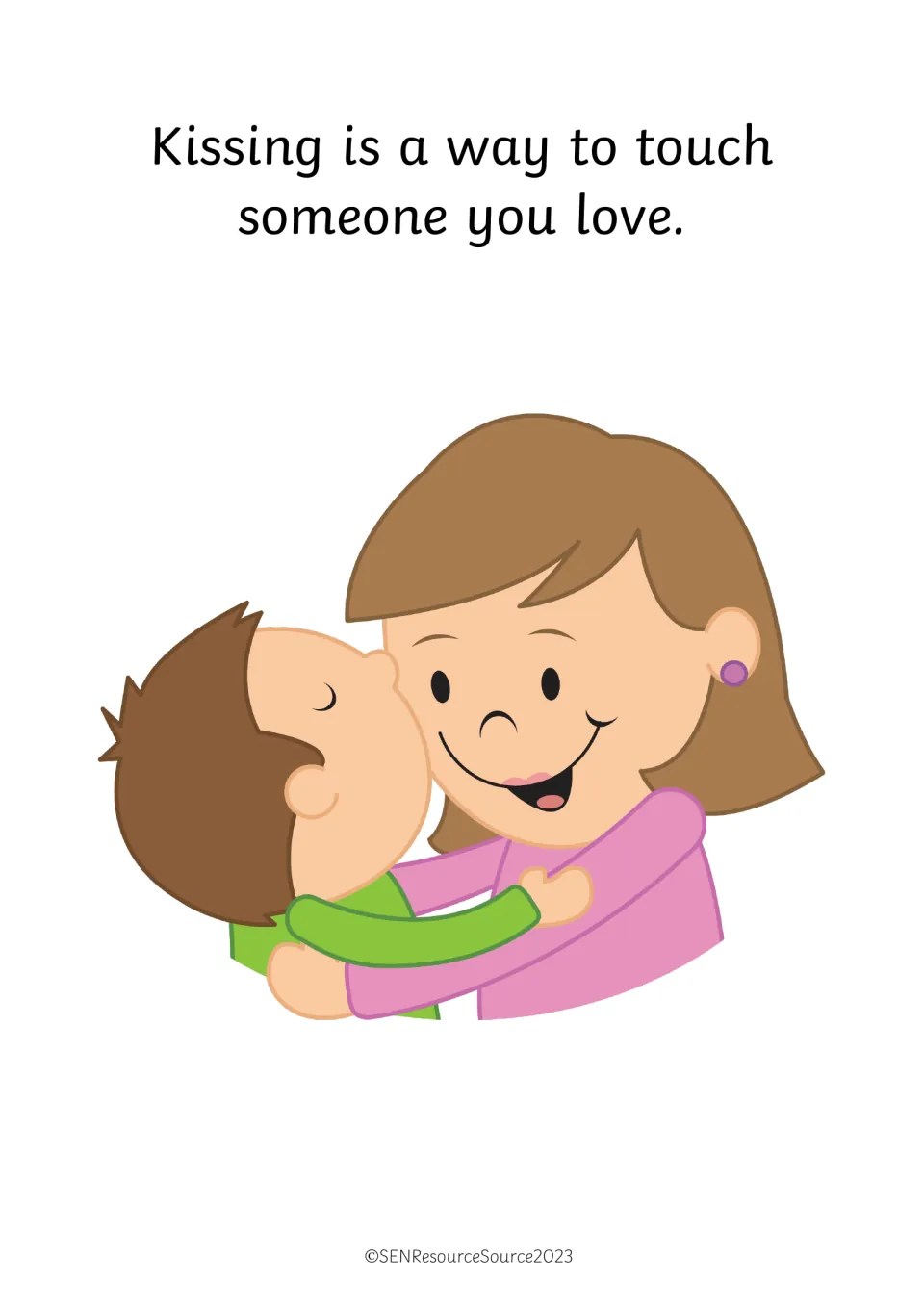 Kissing as loving touch: sentence 'Kissing is a way to touch someone you love' with a boy kissing his mother