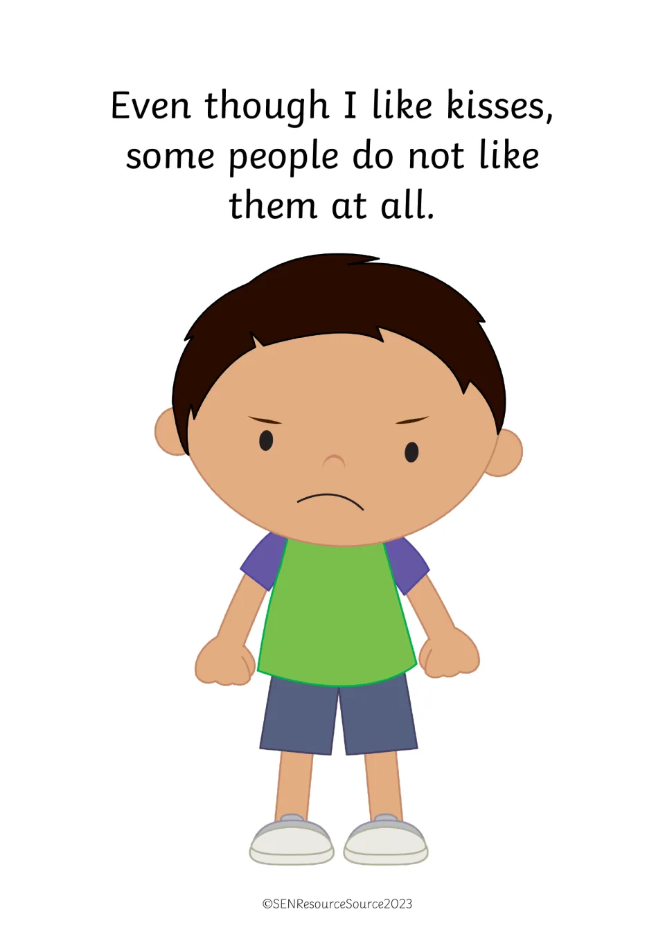 Different feelings about kisses: text says some people do not like them at all, beside a frowning boy