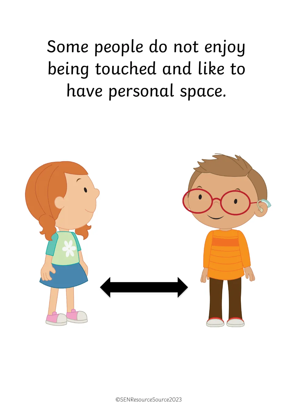 Personal space: two children stand apart with a double arrow between them; text says some people dislike being touched