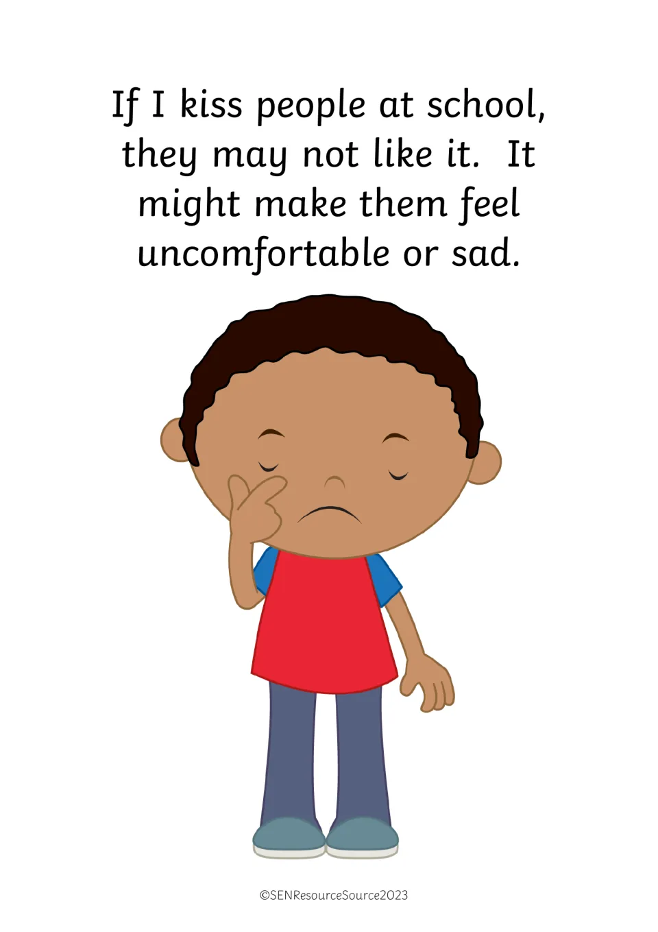 Consequences of kissing at school: others may feel uncomfortable or sad, shown by a boy rubbing his eye with a frown