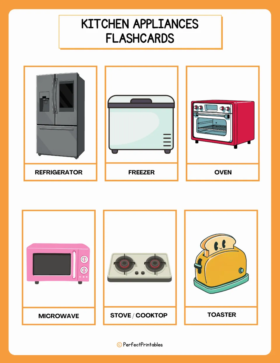 Kitchen appliances flashcards: picture cards labeled refrigerator, freezer, oven, microwave, stove/cooktop and toaster