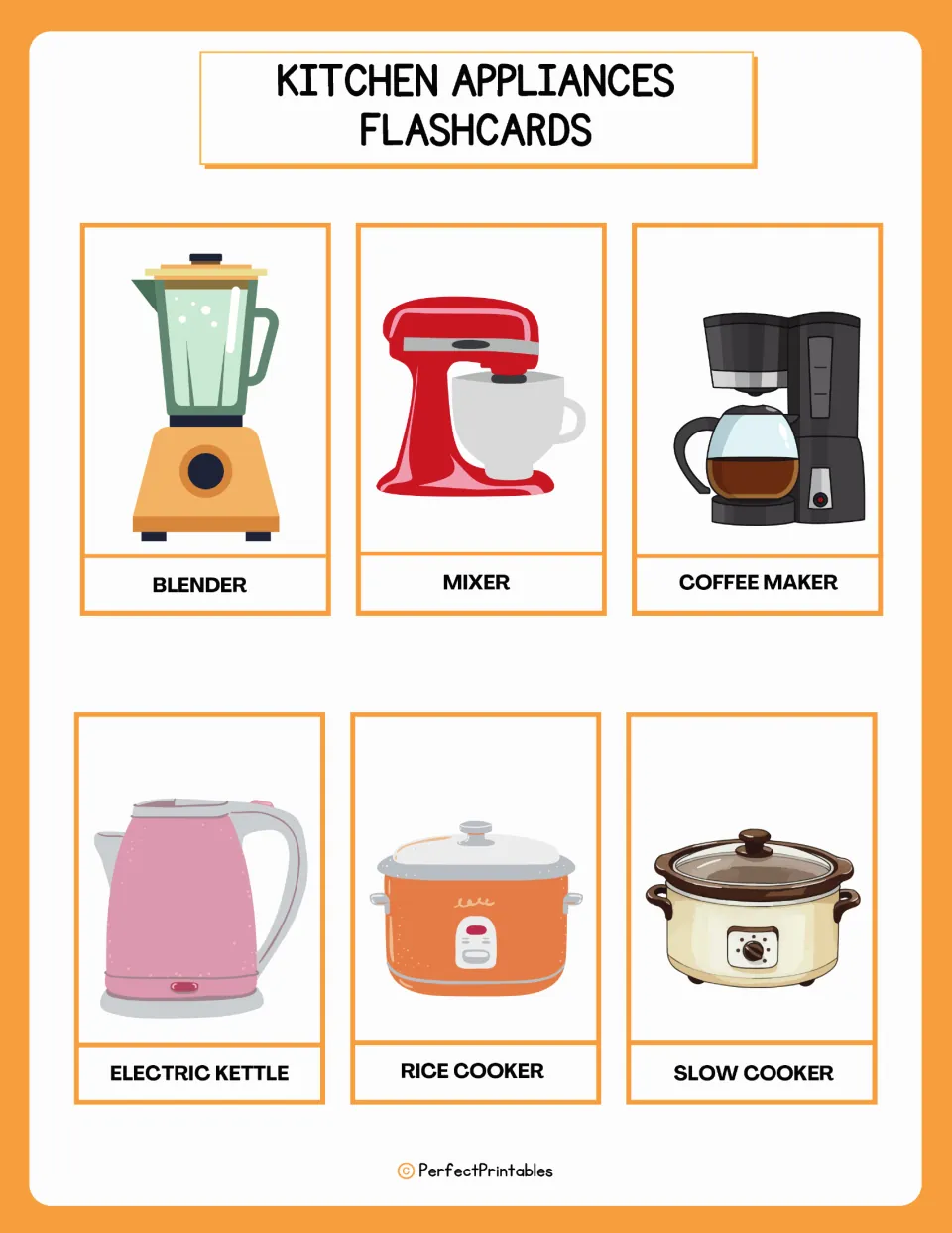 Small appliance vocabulary cards: blender, mixer, coffee maker, electric kettle, rice cooker and slow cooker with pictures