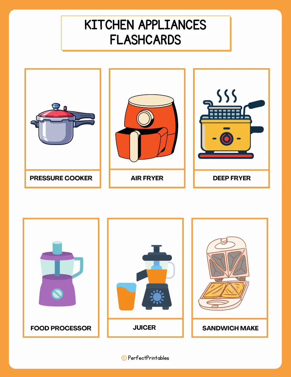 Cooking appliance word cards naming pressure cooker, air fryer, deep fryer, food processor, juicer and sandwich maker