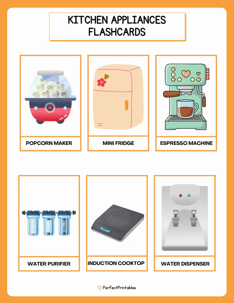 Vocabulary cards: popcorn maker, mini fridge, espresso machine, water purifier, induction cooktop, water dispenser