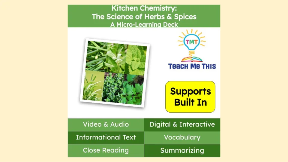 Cover of the Kitchen Chemistry micro-learning deck on herbs and spices, listing audio and reading supports