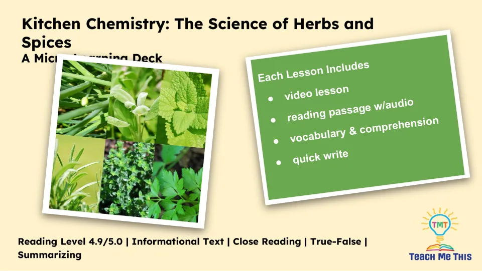 Lesson overview lists a video lesson, reading passage with audio, vocabulary, comprehension, and quick write