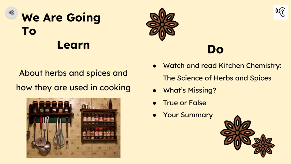 Learning goals introduce herbs and spices in cooking, followed by watching, reading, and three activities