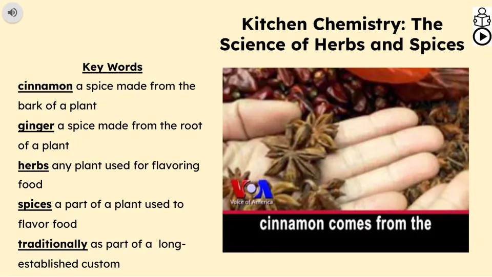 Vocabulary and video slide defines cinnamon, ginger, herbs, spices, and traditionally beside a video still