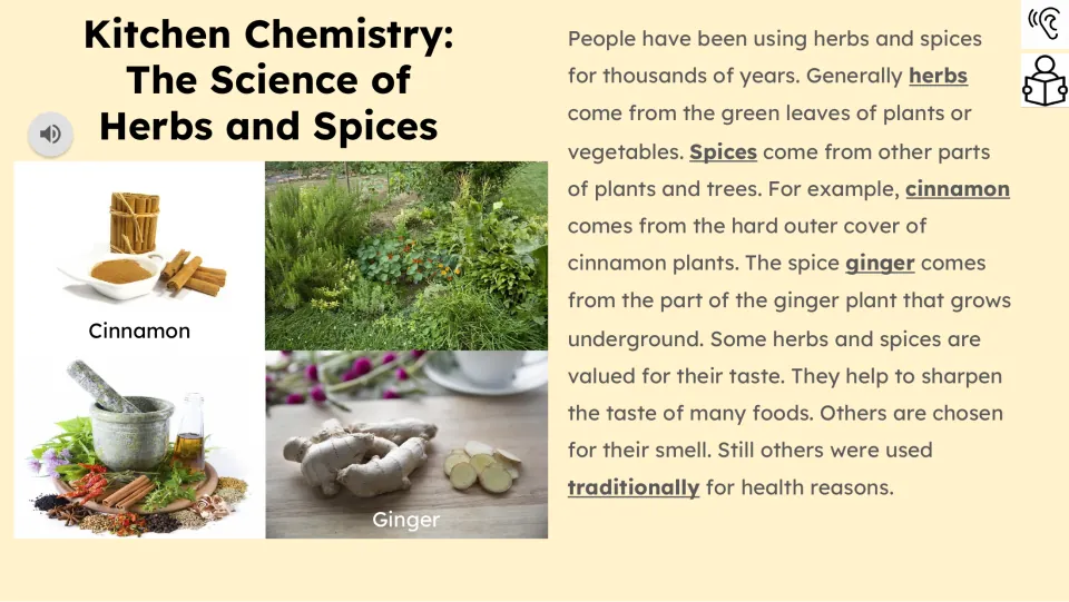 Reading passage explains where herbs, cinnamon, and ginger come from and their uses for taste and smell