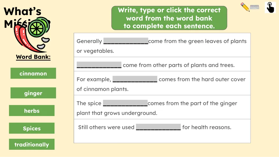 What’s Missing? activity asks students to complete five sentences about herbs and spices using a word bank