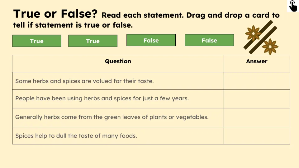 True-or-false activity presents four statements about herbs and spices, their history, origins, and taste