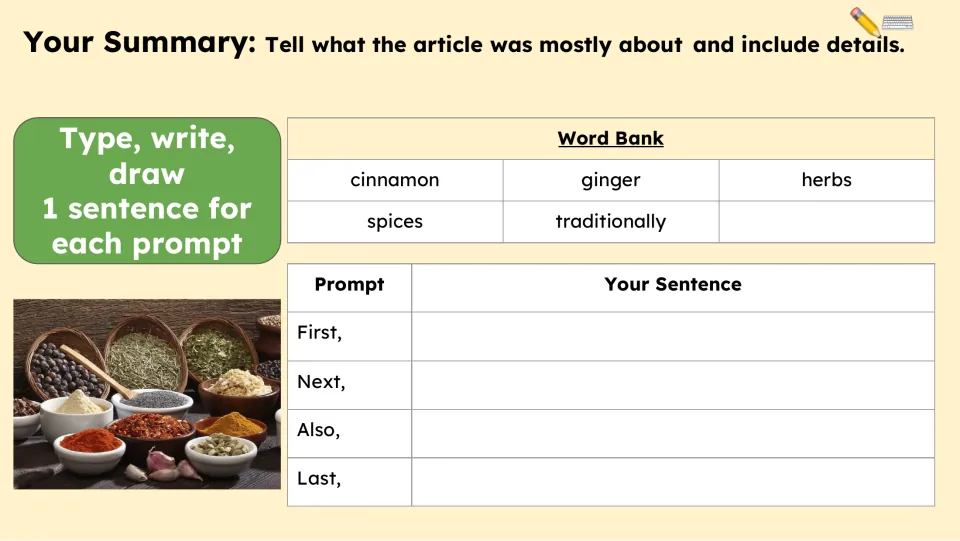 Summary activity asks for one sentence each using First, Next, Also, and Last, with a five-word vocabulary bank