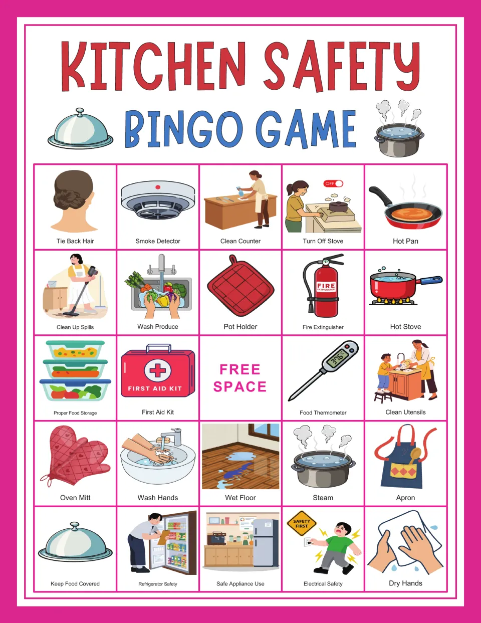 Kitchen safety bingo card 1: Tie Back Hair, Smoke Detector, Clean Counter, and a center free space.