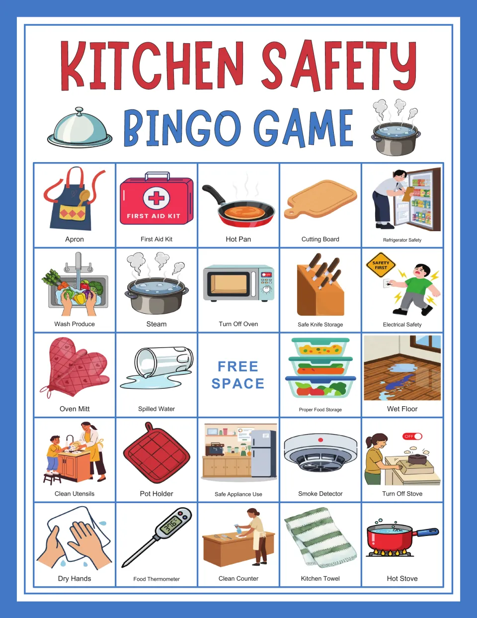 Kitchen safety bingo card 2: Apron, First Aid Kit, Hot Pan, Cutting Board, and a center free space.