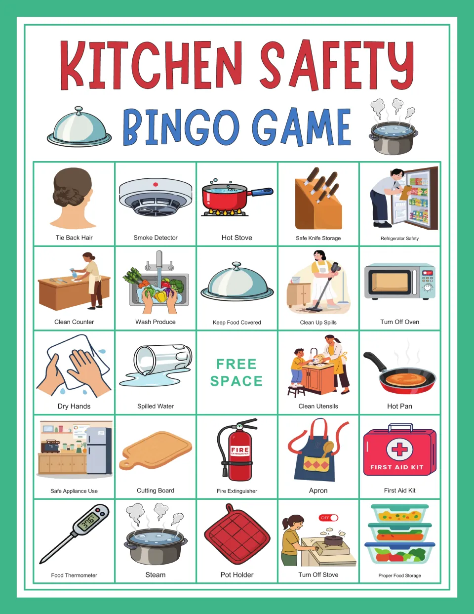 Kitchen safety bingo card 3: Tie Back Hair, Hot Stove, Safe Knife Storage, and a center free space.