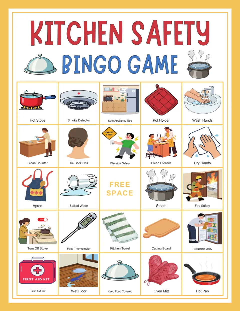 Kitchen safety bingo card 4: Hot Stove, Smoke Detector, Safe Appliance Use, and a center free space.