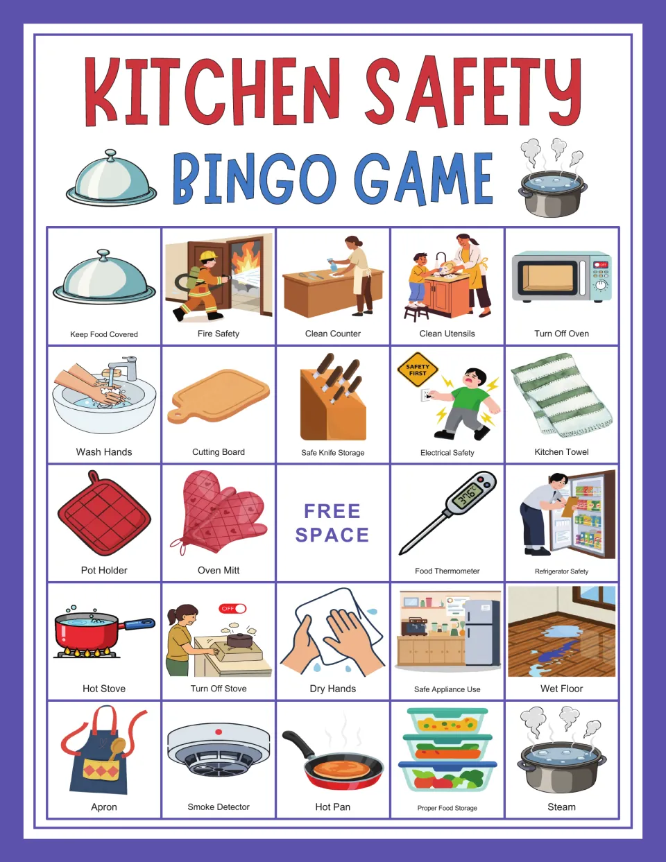 Kitchen safety bingo card 5: Keep Food Covered, Fire Safety, Clean Counter, and a center free space.