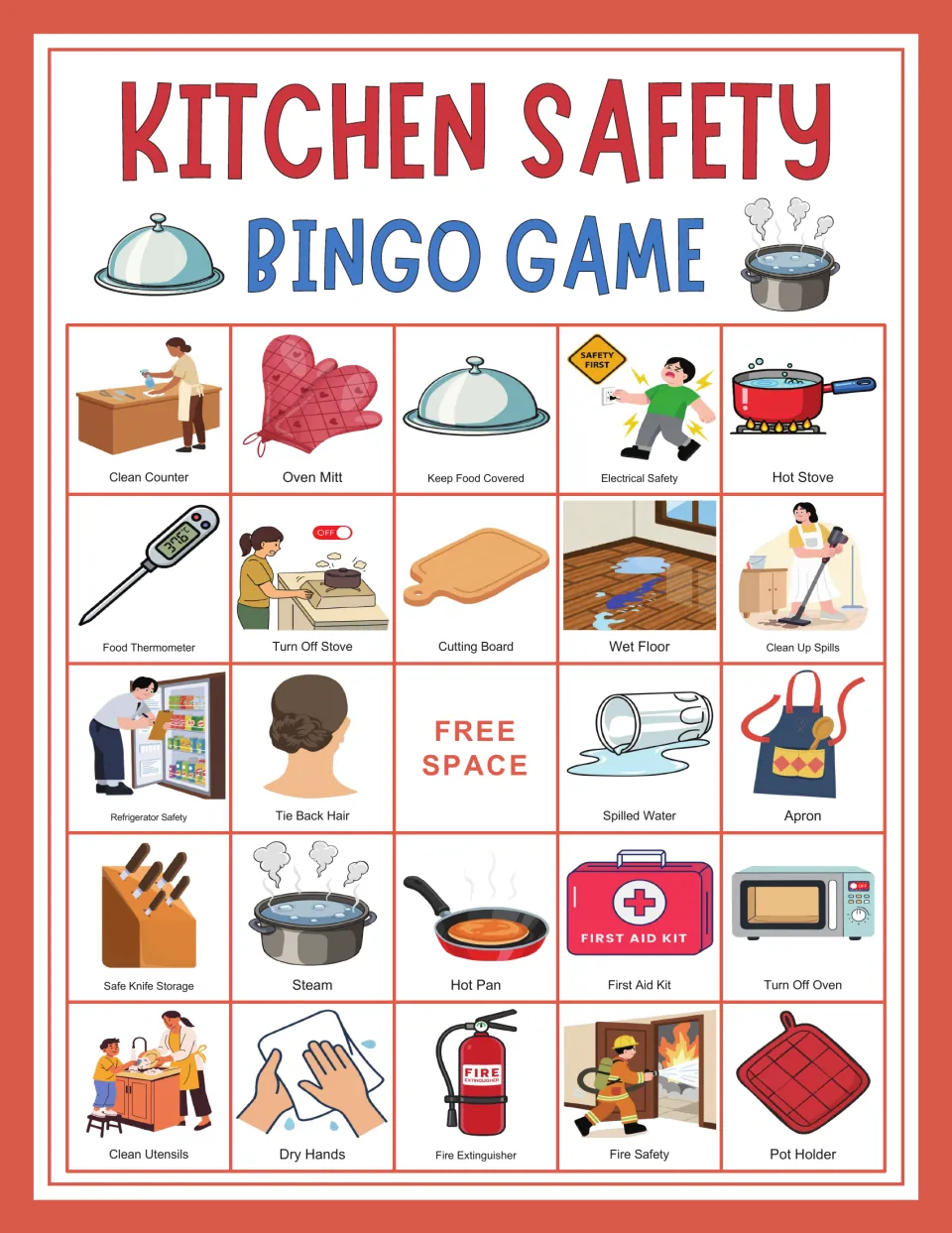 Kitchen safety bingo card 6: Clean Counter, Oven Mitt, Keep Food Covered, and a center free space.