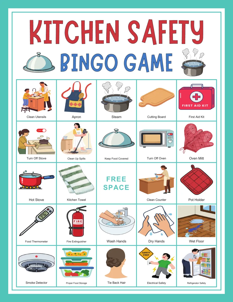Kitchen safety bingo card 7: Clean Utensils, Apron, Steam, Cutting Board, and a center free space.