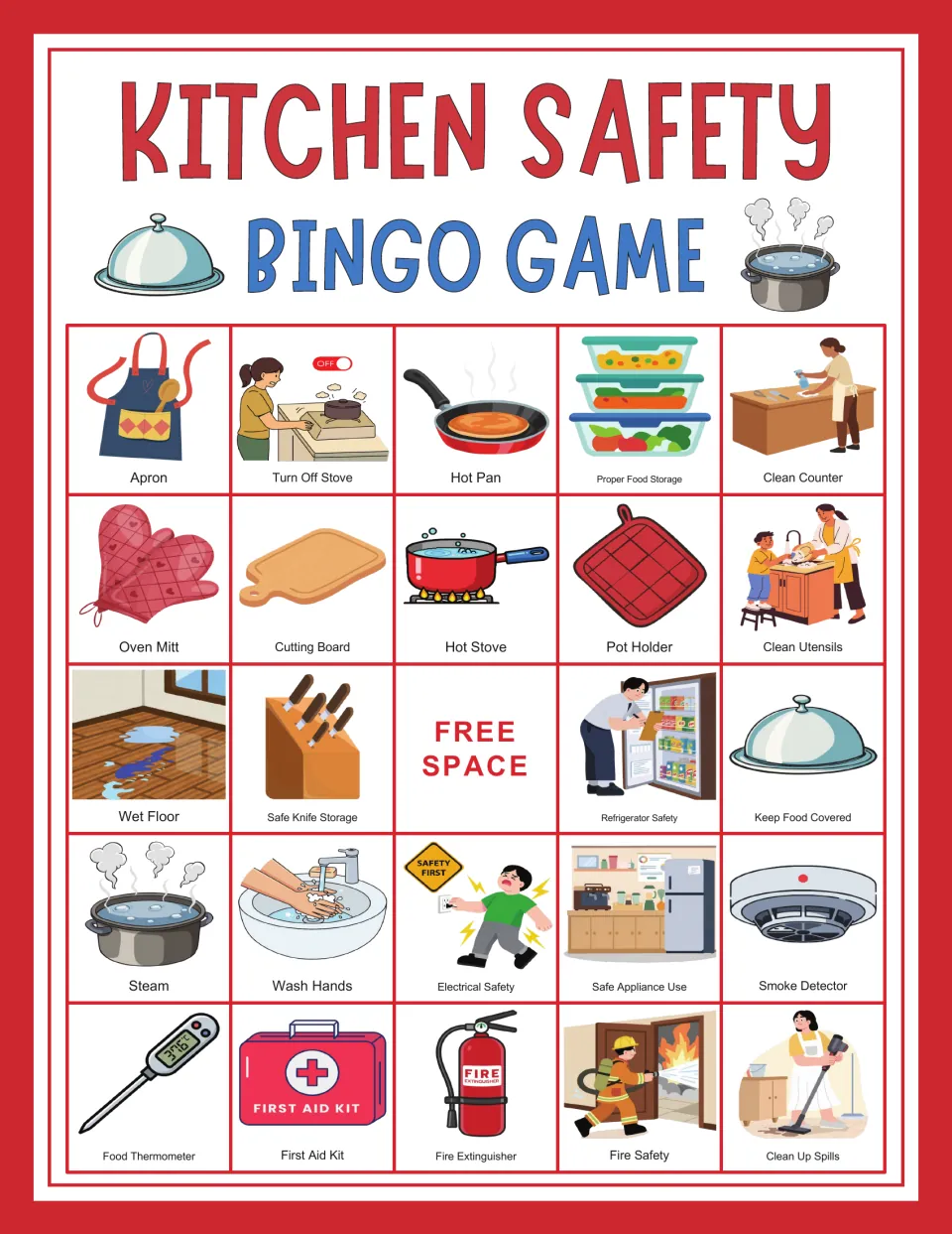 Kitchen safety bingo card 8: Apron, Turn Off Stove, Hot Pan, Proper Food Storage, and a center free space.