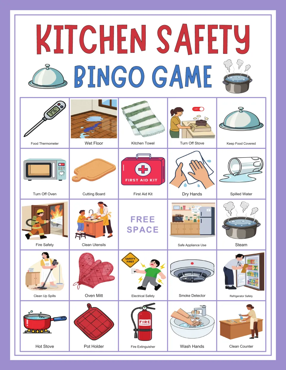 Kitchen safety bingo card 9: Food Thermometer, Wet Floor, Kitchen Towel, and a center free space.