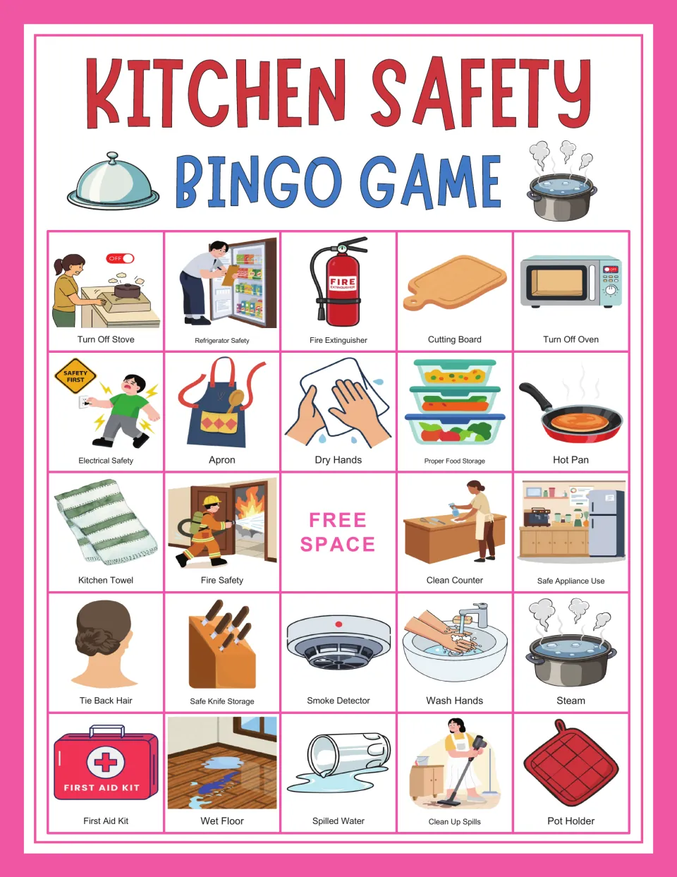 Kitchen safety bingo card 10: Turn Off Stove, Refrigerator Safety, Fire Extinguisher, and a center free space.