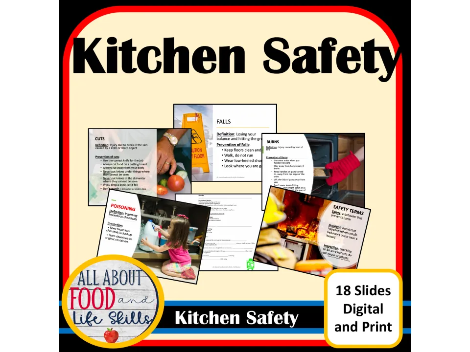 Kitchen Safety cover: 18 digital and print slides on cuts, falls, burns, poisoning and safety terms