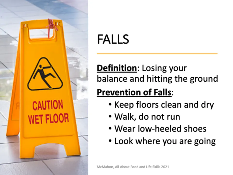 Falls: defines a fall and lists tips such as keeping floors dry and wearing low-heeled shoes, with a wet floor sign