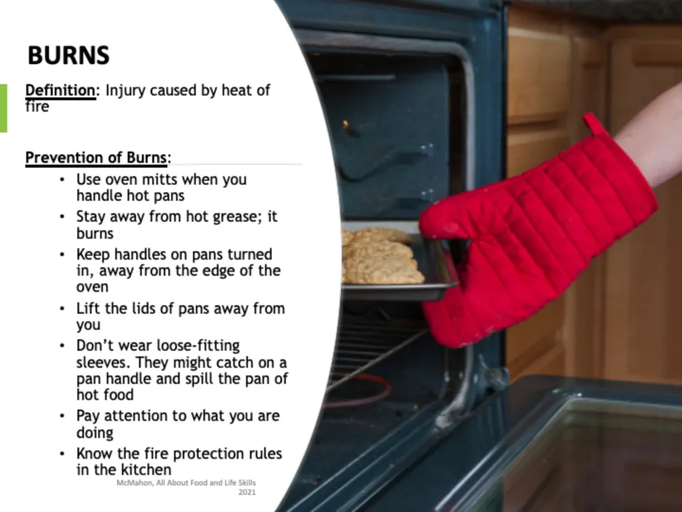 Burns: defines a burn and lists tips like using oven mitts and turning pan handles in, beside a mitt at an oven