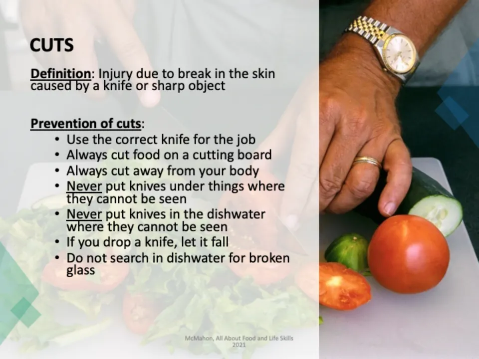 Cuts: defines a cut and lists knife safety tips such as using a cutting board and cutting away from your body