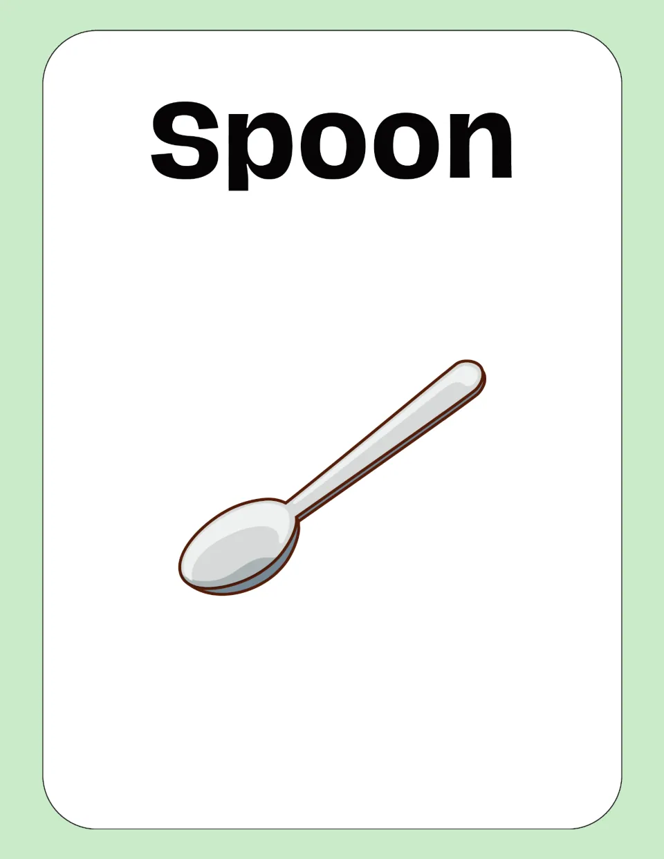 Spoon vocabulary card: the word Spoon printed in bold letters above a drawing of a silver spoon for picture-word matching