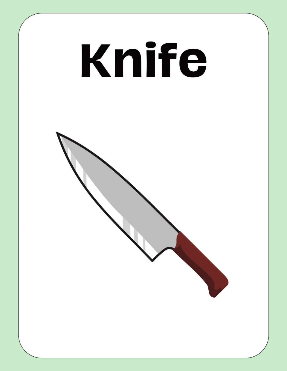 Knife vocabulary card: the word Knife above a chef's knife with a gray blade and brown handle for word-picture recognition
