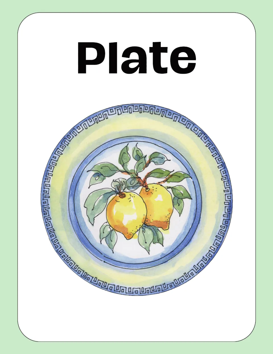 Plate vocabulary card: the word Plate above a watercolor plate painted with two lemons and leaves in a blue patterned rim