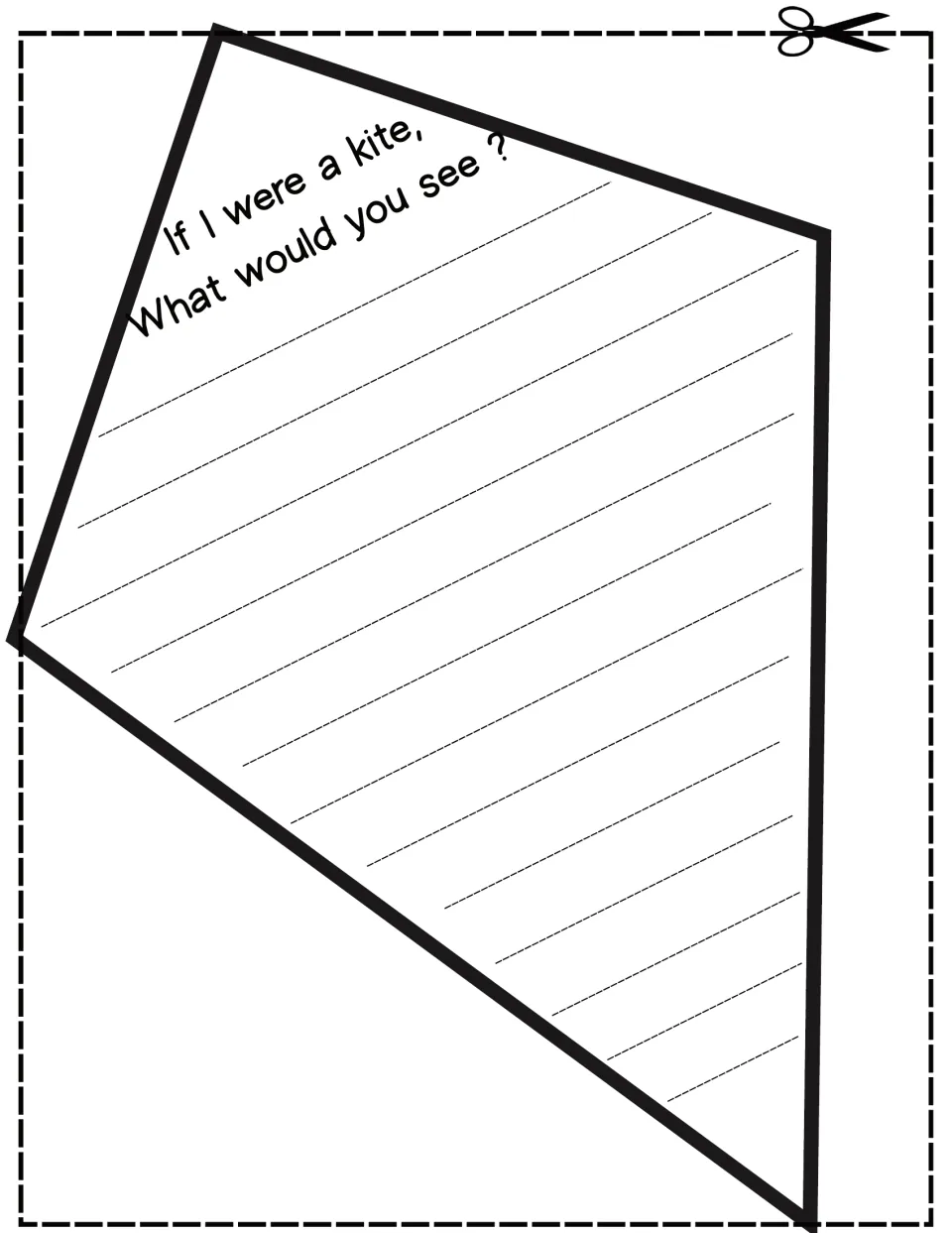 Kite prompt "If I were a kite, What would you see?": students write what they might see from the sky, then cut it out